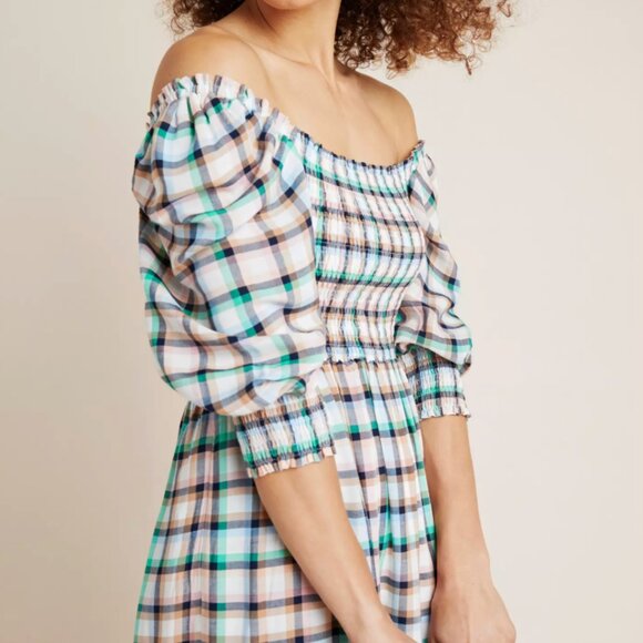 Anthropologie Maeve Cerie Smocked Plaid 3/4 Puff Sleeved Midi Dress, M - Picture 13 of 13